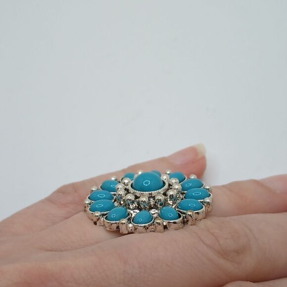 Chunky silver turquoise flower mandala boho ring - Picture 4 of 8